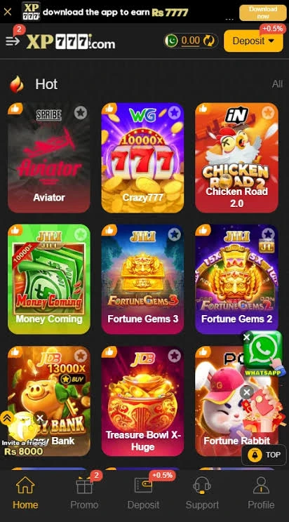 XP777 Game interface showing hot games and mobile navigation