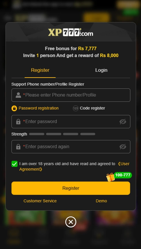 XP777 Game Registration screen